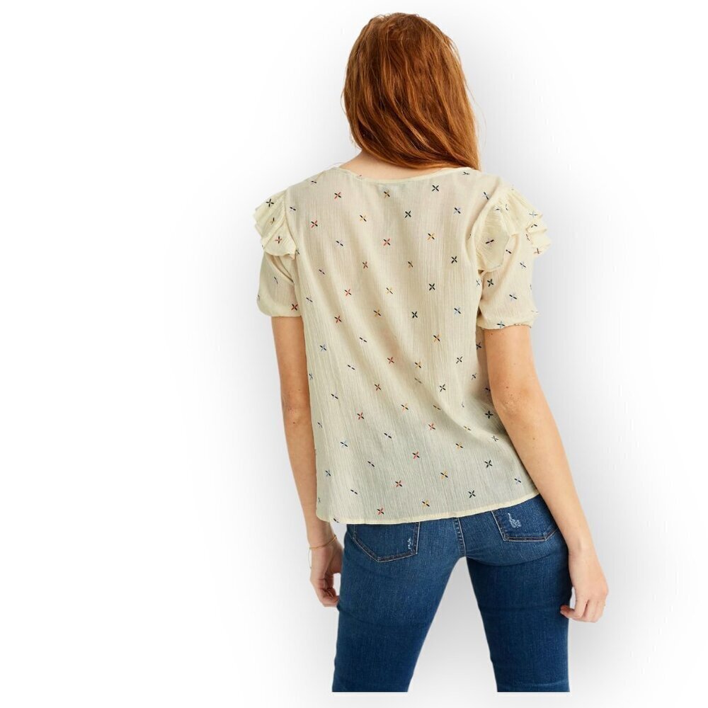 Madewell Rainbow Embroidered Cotton Blouse Ruffle Sleeve Boho Top Size L - Picture 5 of 14